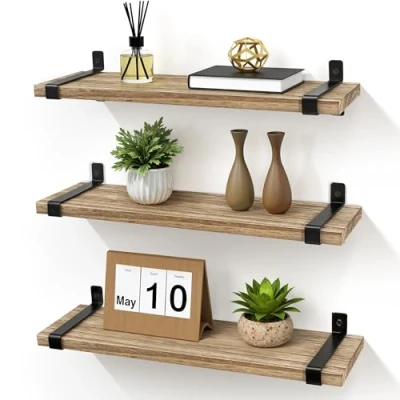 Image of Gronda Rustic Floating Shelves, Wooden Wall Mounted Shelf Storage with Black Metal Hanging Farmhouse Display for Bedroom Living Room Bathroom Kitchen Office Set of 3, Carbonized