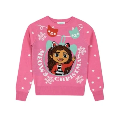 Image of DreamWorks GABBY&#039;S DOLLHOUSE Girls Christmas Jumper Gabbys Sweatshirt Xmas Kids Jumpers Pink 9 10 Years