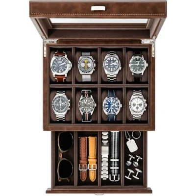 Image of TAWBURY 8 Grid Watch Box for Men Available in Brown &amp; Black Faux Leather Display Case Cases Mens Storage (Brown)
