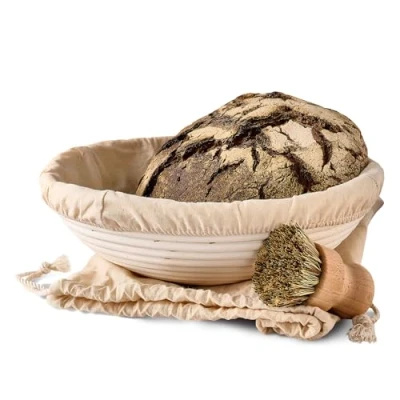 Image of Round Bread Proofing Basket 30cm Large Sourdough Proving Natural Rattan Set With Brush, Linen Cloth And Bag Baking Accessories