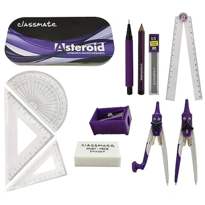 Image of Asteroid Geometry Maths 11 Pcs Tin Set, Compass Divider Set Squares Foldable Ruler Protractor Eraser Sharpener 0.5 mm Lead Pencil with Leads, iZOFAX Black Ball Pen