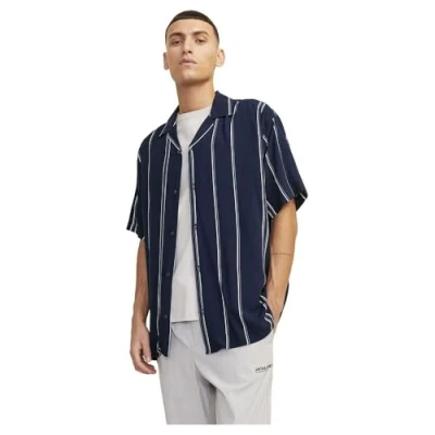 Image of JACK &amp; JONES Men&#039;s Jcojeff AOP Resort Shirt Ss Relax Short Sleeved, Navy Blazer/Stripes: Stripe, L
