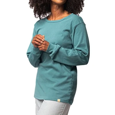 Image of greenjama Women&#039;s Derby Rib Long Sleeve Shirt GOTS Certified Pajama Top, Topaz, 40