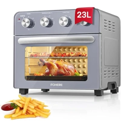 Image of FOHERE Air Fryer Oven with Rotisserie 23L Mini Oven, 1700W Multifunctional Countertop Convection Easy Operate for all Settings, Independent Temp Control Energy Save, 6 Accessories, Grey
