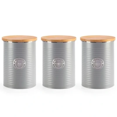 Image of EHC Tea Coffee Sugar Cansiters Set of 3, Airtight Kitchen Storage Canisters Jars with Easy to Open Lid, Grey, 1 Litre