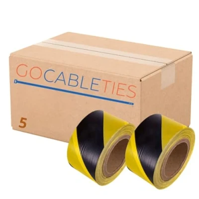 Image of Gocableties 70mm x 500m Bulk Box of 5 Rolls Black/Yellow Barrier Tape Non Adhesive Warning