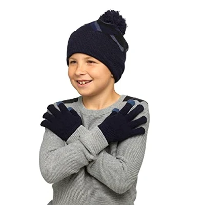 Image of Thingimijigs Boys Camo Pattern Knitted Bobble Hat and Matching Touch Screen Magic Gloves Set Blue