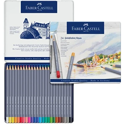 Image of Faber Castell Creative Studio Goldfaber Aqua Watercolour Pencil, Multicoloured (Multicoloured) Tin Of 24 Pencils, For Art, Craft, Drawing, Sketching, Home, School, University, Colouring