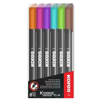 Image of Kores Coloured Permanent Marker Pens K P1, Fine Fibre Tip with Low Odour Ink Waterproof for All Surfaces School Supplies, Office Pen Pack of 6