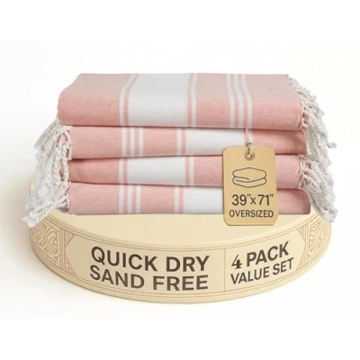 Image of LANE LINEN Oversized Turkish Beach Towels 4 Pack, 39&quot;x71&quot; Cotton Rich &amp; Quick Dry Pool Towels, Pre Washed, Sand Free Absorbent Travel for Adults, Quartz Pink
