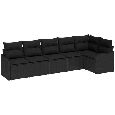 Image of vidaXL 6 Piece Garden Sofa Set with Cushions Black Poly Rattan