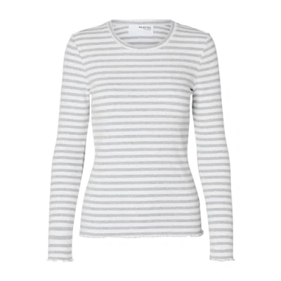 Image of SELECTED FEMME Women&#039;s Slfanna LS Crew Neck Tee Str Noos Longsleeve T Shirt, Light Grey Melange/Stripes:w Snow White Stripes, S