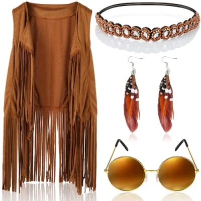 Image of CACAZI Hippie Costume Set, 60s 70s Women Cosplay Accessories Includes Tassel Vest &amp; Boho Headband Earrings Sunglasses