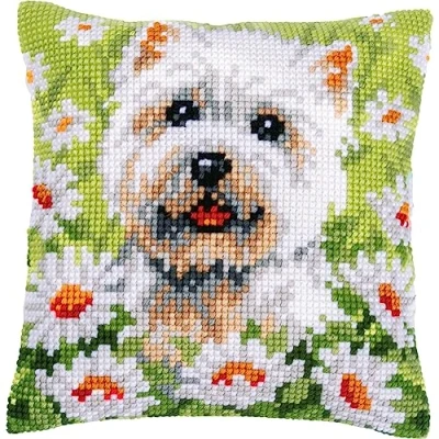 Image of Vervaco Cross Stitch Cushion Kit Dog, White, ca. 40 x cm
