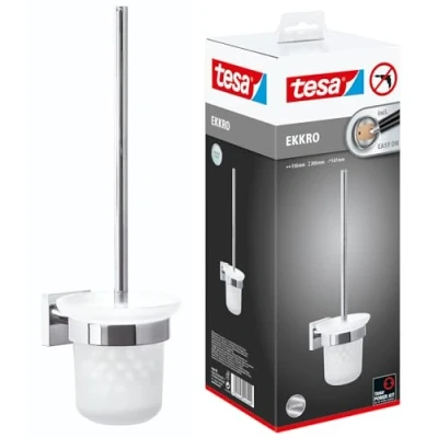 Image of tesa Ekkro toilet brush, high gloss chromed metal, self adhesive wall mounting technology, 390mm x 116mm 147mm