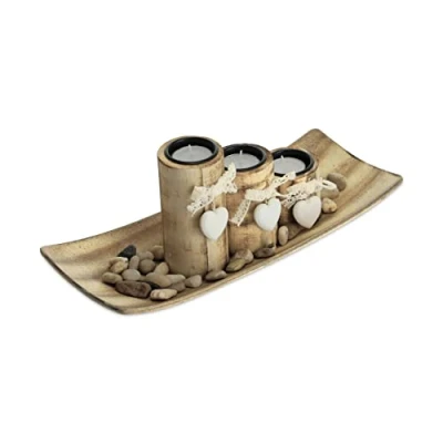 Image of Relaxdays Tealight, 3 Candle Holders with Hearts, Tray &amp; Stones, Table Centrepiece, Lounge Dining Room, Brown, 90% fibreboard 10%, 13 x 34 cm