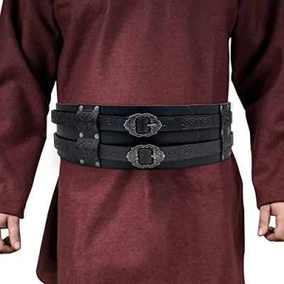 Image of HiiFeuer Viking Wide Belt, Medieval Faux Leather Armor Belt Knight Corset LARP Costume (Black)