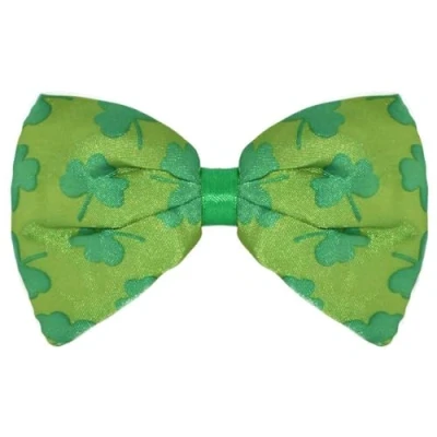 Image of Light Green Irish St. Patrick&#039;s Day Elastic Bow Tie With Dark Shamrock Design