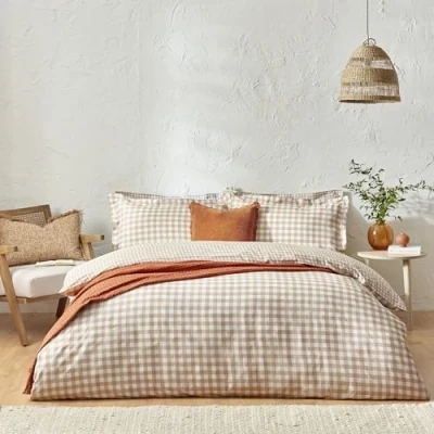 Image of furn. Yard Barton Gingham Check Duvet Cover Set 100% Cotton, Reversible, Oxford Pillowcases, Soft &amp; Breathable Premium Bedding (Single Biscuit), Cream