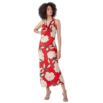 Image of Roman Originals Floral Print Satin Bias Cut Dress for Women UK Ladies Everyday Holiday Spring Summer Cowl Neckline Comfy Soft Evening Vacation Work Party Orange Size 16