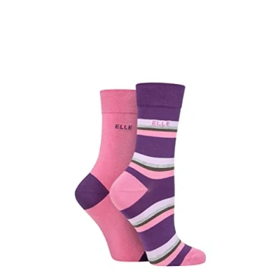 Image of Elle Ladies Striped and Plain Soft, Cooling &amp; Breathable Bamboo Socks in a Multipack of 2 Pairs Size 4 8 Casual Wear Wild Rose
