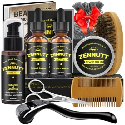Image of Beard Kit,Beard Growth Care Grooming Kit w/Beard Wash/Shampoo,2 Pack Oil,Beard Balm,Beard Brush,Beard Comb,Scissors,Best Mens Gifts for Men Dad Him Christmas