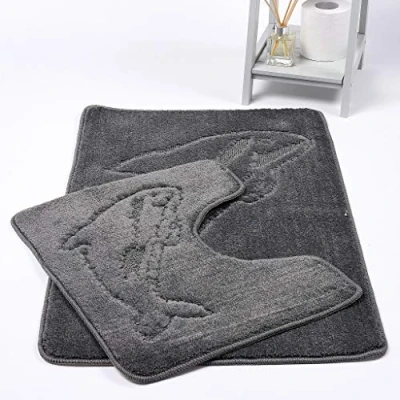 Image of 2Pcs Luxury DOLPHIN DESIGN Bath Set Non Slip and Absorbable 100% Polypropylene Washable Pedestal Mat Bathroom Rug (Grey)