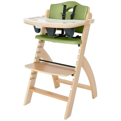 Image of Abiie Beyond Junior Wooden High Chair with Tray Convertible Baby Highchair Adjustable for Babies/Toddlers/6 Months up to 250 Lbs Stain &amp; Water Resistant Natural Wood/Olive Cushion