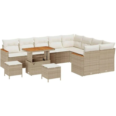 Image of 12 Piece Garden Sofa Set with Cushions Beige Poly Rattan Acacia Vidaxl