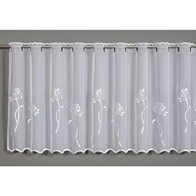 Image of Gardinia Bistro Curtain with Concealed Tabs Transparent Sheer Panel Voile Dandelion Embroidery 140 x 48 cm White