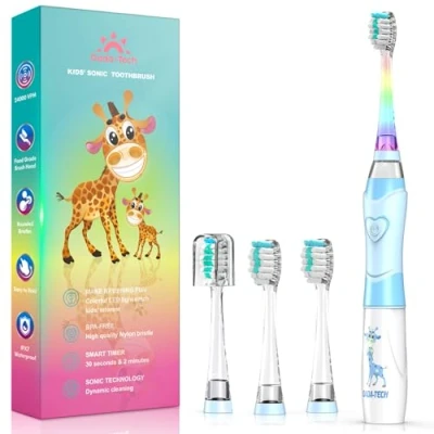 Image of Kids Electric Toothbrush 3 5 6 12, Toddler Girls with Timer Rainbow LED Light Up Sonic Battery Powered Junior Childrens (Blue Giraffe)