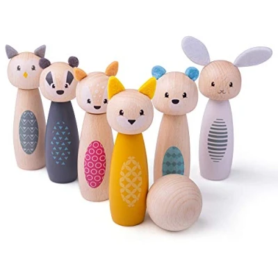 Image of Bigjigs Toys Wooden Animal Skittles 6 Piece Bowling Skittle Set &amp; Ball, Kids Games, Indoor Outdoor Toy, Montessori Gifts For Toddlers, Made From Eco Friendly FSC® Certified Wood, 2+ Year Olds