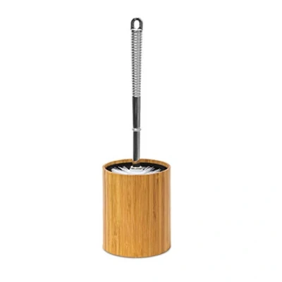 Image of Relaxdays Bamboo Toilet Brush Holder: 33 x 10.4 cm Holder With Plastic Stainless Steel Finish, Replaceable Head Removable Container, Natural
