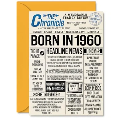 Image of 64th Birthday Cards for Women Men Born In 1960 Newspaper Happy 64 Card Grandma Grandad Nan Vintage Retro Back 1960, A5 Sixty Four Fourth Bday Greeting