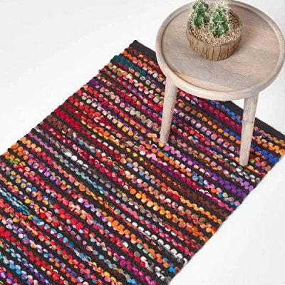 Image of HOMESCAPES Bohemian Style Folk Rug Handwoven Multi Coloured Recycled Fleece Chindi Hallway Runner, 66 x 200 cm