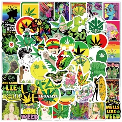 Image of Funny Weed Stickers Pack 100 Pcs, Green Sticker Waterproof Cool Graffiti Vinyl Decals for Water Bottle Laptop Skateboard Phone Bike Car Bumper Luggage,Vinyl Spoof Leaves Adult