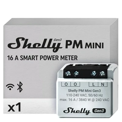 Image of Shelly PM Mini Gen3, WiFi &amp; Bluetooth Smart Power Meter, 1 Channel, 16 A, Home Automation, Real time Monitoring, Alexa Google Home, iOS Android App, No Hub Required, Schedules