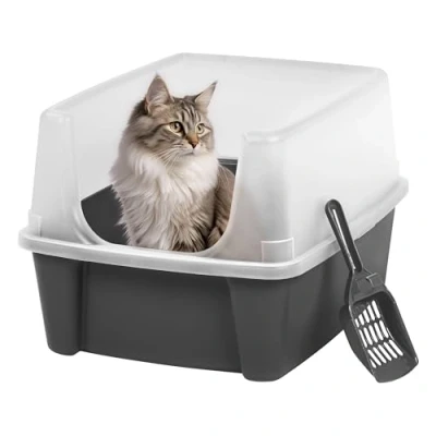 Image of Iris Ohyama Cat Litter Tray with Scoop, Grey, Easy to Clean, Box, Detachable Spill Preventing Walls, For Kittens, Adult Cats, Rabbits, BPA Free, Open Top, Modern, CLH 12