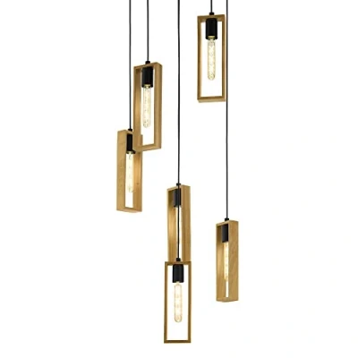 Image of Eglo Littleton Pendant lamp, 6 Light Vintage lamp in Industrial Design, Retro Hanging Made of Steel and Wood, Colour: Black, Brown, Socket: E27