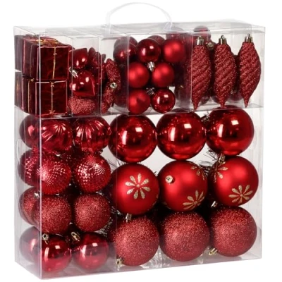 Image of CASARIA® 103Pcs Christmas Tree Baubles Set Hanging Balls, Decoration Stars, Cones, Bells Ornaments for Indoor and Outdoor Glossy, Glittery Matt Finish Classic Red