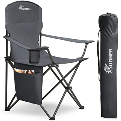 Image of SUNMER Folding Camping Chairs, Extra Wide Lightweight Outdoor Chairs with Armrests and Cup Holder, 120 kg Capacity Dark Grey