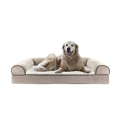 Image of Furhaven Cooling Gel Dog Bed For Large Dogs w/Removable Bolsters &amp; Washable Cover, Up to 95 lbs Sherpa Chenille Sofa Cream, Jumbo/XL