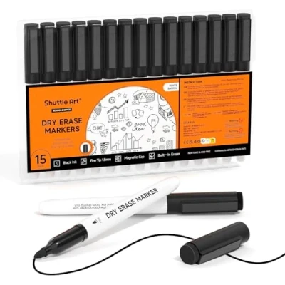 Image of Shuttle Art Dry Erase Markers, 15 Pack Black Magnetic Whiteboard Markers with Erase,Fine Point Perfect for Writing on Whiteboards, Boards,Mirrors School Office