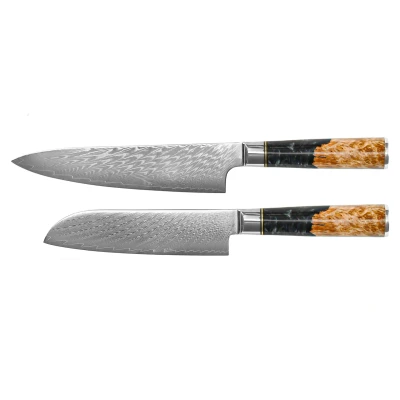 Image of Shinrai Knives Epoxy Onyx 2 piece Damascus knife Set Chef's + Santoku