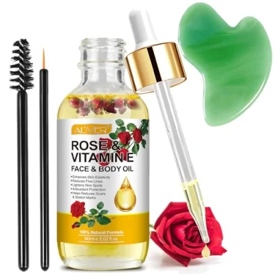 Image of Vitamin E Oil for Face with Rose Essential + Gua Sha Tools, Facial Oil, Anti aging, Scars &amp; Stretch Mark, Massage Body Scented Dry Skin, Scalp and Nail
