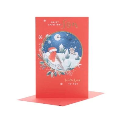 Image of UK Greetings Christmas Card for Son Snowy Robin Design