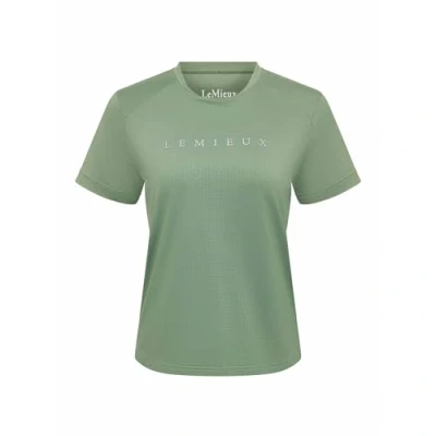 Image of LeMieux Sports T Shirt Quick Dry Cool Feel Sweat Wicking Fabric Chest Graphic Round Neck with Ringer Relaxed Fit Thyme UK 6