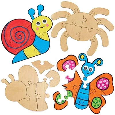 Image of Baker Ross FC710 Bug Wooden Jigsaw Puzzles Pack of 5, Craft Kits for Kids, Painting Wood Crafts Puzzle