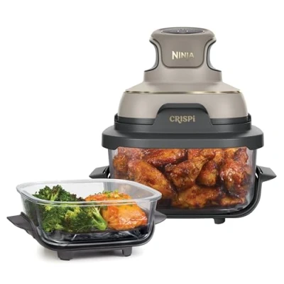 Image of Ninja CRISPi Portable Air Fryer, 3.8L, 4 in 1: Fry, Roast, Keep Warm, Recrisp, Space Saving Compact Design, 6 Portions, 2x Removable Glass Containers &amp; Lids, 1700W, Stone Gold FN101UKSTGD