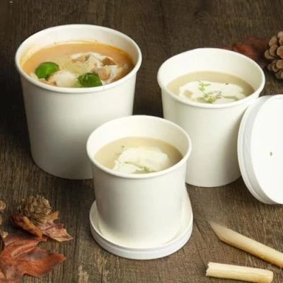 Image of White Kraft Disposable Soup Cups Containers with Lids of Paper Bowls Size 8oz, 12oz &amp; 16oz Takeaway Tubs Perfect for Ice Cream Containers, Dessert and Deli (26oz, 25, count)